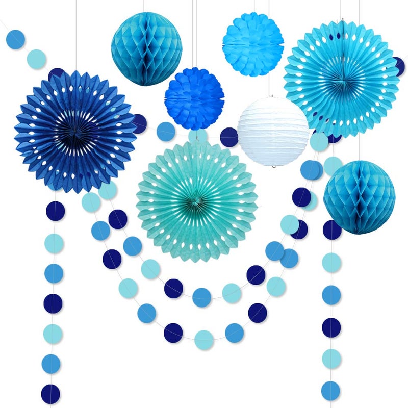 Decor365 Blue Birthday Party Decorations Kit Paper Fans Pom Poms Circle Dot Garlands Ocean Theme Hanging Decor Under the Sea Beach Baby Shower Wedding Classroom Summer Anniversary Kids Room - Image 1